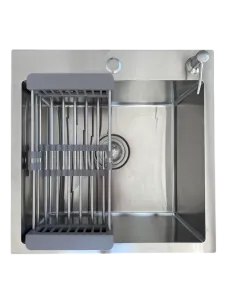 Мойка кухонная с коландером и диспенсером, 500x500x210 мм, цвет - сатин, с круглым отверстием