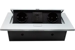 Блок розеток встраиваемый MX-226 (J), 266х130х68 мм, 2 розетки, 2 USB, цвет - серебро+черный